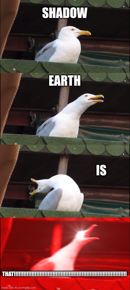 that is an... interesting arrangement of words | SHADOW; EARTH; IS; THAT!!!!!!!!!!!!!!!!!!!!!!!!!!!!!!!!!!!!!!!!!!!!!!!!!!!!!!!!!!!!!!!!!!!!!! | image tagged in memes,inhaling seagull,huh,ai meme | made w/ Imgflip meme maker