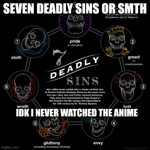 The seven deadly sins | SEVEN DEADLY SINS OR SMTH; IDK I NEVER WATCHED THE ANIME | image tagged in the seven deadly sins | made w/ Imgflip meme maker