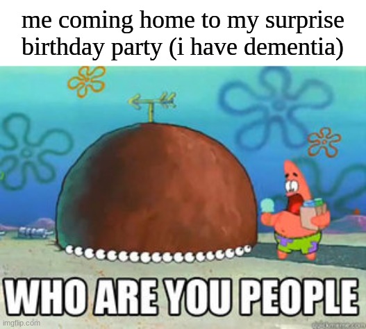 Who are you people | me coming home to my surprise birthday party (i have dementia) | image tagged in who are you people | made w/ Imgflip meme maker