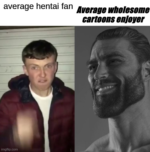 Average Fan vs Average Enjoyer | Average wholesome cartoons enjoyer; average hentai fan | image tagged in average fan vs average enjoyer | made w/ Imgflip meme maker