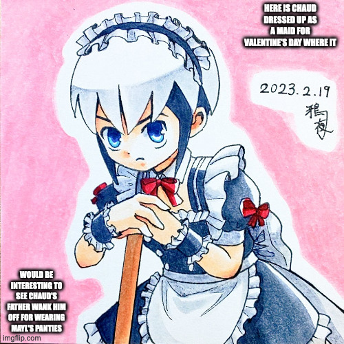 Maid Chaud | HERE IS CHAUD DRESSED UP AS A MAID FOR VALENTINE'S DAY WHERE IT; WOULD BE INTERESTING TO SEE CHAUD'S FATHER WANK HIM OFF FOR WEARING MAYL'S PANTIES | image tagged in eugene chaud,megaman,megaman battle network,memes | made w/ Imgflip meme maker