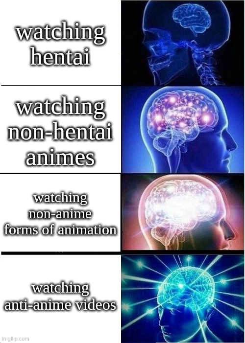Expanding Brain | watching hentai; watching non-hentai animes; watching non-anime forms of animation; watching anti-anime videos | image tagged in memes,expanding brain | made w/ Imgflip meme maker