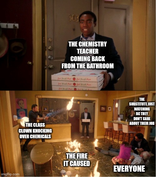 Classroom chaos | THE CHEMISTRY TEACHER COMING BACK FROM THE BATHROOM; THE SUBSTITUTE JUST WATCHING BC THEY DON'T CARE ABOUT THEIR JOB; THE CLASS CLOWN KNOCKING OVER CHEMICALS; THE FIRE IT CAUSED; EVERYONE | image tagged in community fire pizza meme,school,memes,class clown,chemistry | made w/ Imgflip meme maker