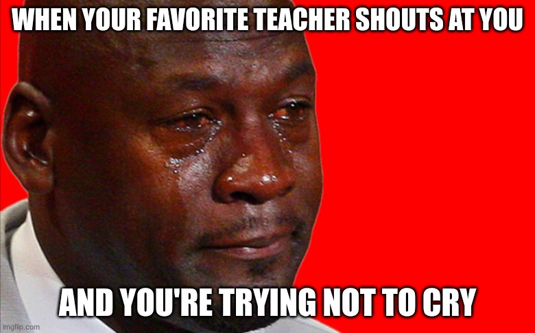 Luckily this never happens | WHEN YOUR FAVORITE TEACHER SHOUTS AT YOU; AND YOU'RE TRYING NOT TO CRY | image tagged in jordan crying meme | made w/ Imgflip meme maker