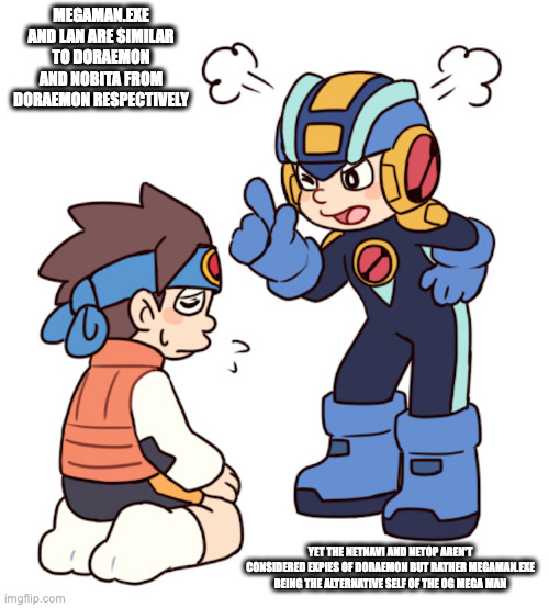 MegaMan.EXE and Lan Drawn in Fujiko Fujio's Style | MEGAMAN.EXE AND LAN ARE SIMILAR TO DORAEMON AND NOBITA FROM DORAEMON RESPECTIVELY; YET THE NETNAVI AND NETOP AREN'T CONSIDERED EXPIES OF DORAEMON BUT RATHER MEGAMAN.EXE BEING THE ALTERNATIVE SELF OF THE OG MEGA MAN | image tagged in megaman,megaman battle network,megamanexe,lan hikari,memes | made w/ Imgflip meme maker