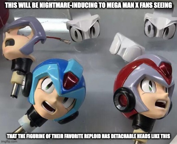 Detached X's Shocked Figurine Head | THIS WILL BE NIGHTMARE-INDUCING TO MEGA MAN X FANS SEEING; THAT THE FIGURINE OF THEIR FAVORITE REPLOID HAS DETACHABLE HEADS LIKE THIS | image tagged in megaman,megaman x,x,memes | made w/ Imgflip meme maker