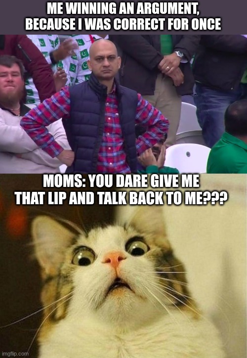 ME WINNING AN ARGUMENT, BECAUSE I WAS CORRECT FOR ONCE; MOMS: YOU DARE GIVE ME THAT LIP AND TALK BACK TO ME??? | image tagged in arms crossed,memes,scared cat | made w/ Imgflip meme maker