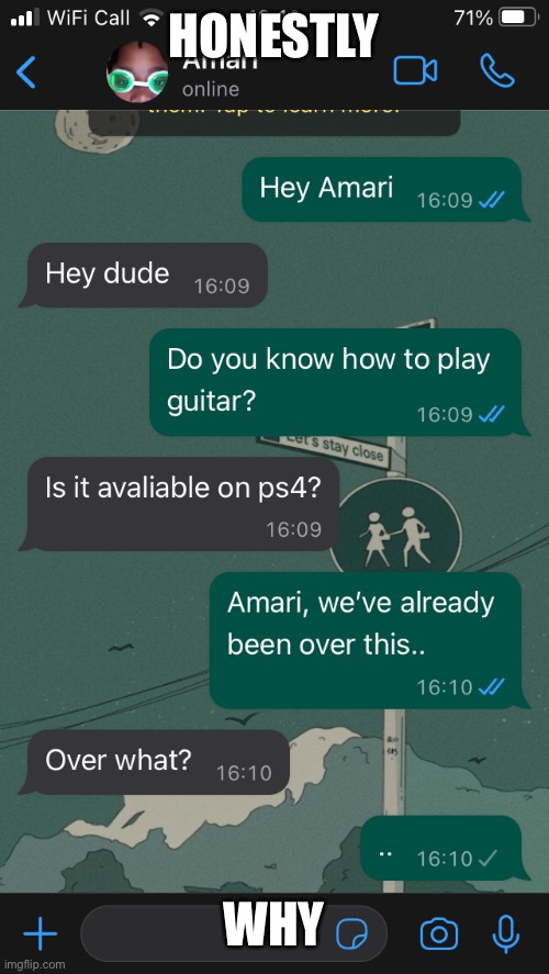 My friend dumb ngl | HONESTLY; WHY | image tagged in text messages | made w/ Imgflip meme maker
