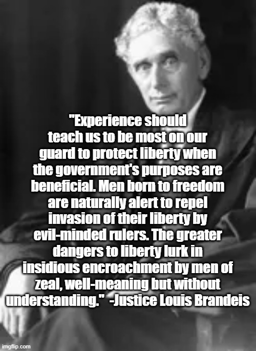 Encroachment on Liberty | "Experience should teach us to be most on our guard to protect liberty when the government's purposes are beneficial. Men born to freedom are naturally alert to repel invasion of their liberty by evil-minded rulers. The greater dangers to liberty lurk in insidious encroachment by men of zeal, well-meaning but without understanding."  -Justice Louis Brandeis | image tagged in louis brandeis,politics,liberty,justice | made w/ Imgflip meme maker