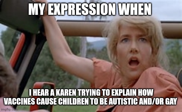 Karens are so stupid it is funny | MY EXPRESSION WHEN; I HEAR A KAREN TRYING TO EXPLAIN HOW VACCINES CAUSE CHILDREN TO BE AUTISTIC AND/OR GAY | image tagged in ellie sattler surprised | made w/ Imgflip meme maker