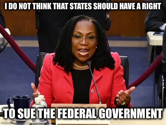 Police State Liberalism at its Finest | I DO NOT THINK THAT STATES SHOULD HAVE A RIGHT; TO SUE THE FEDERAL GOVERNMENT | image tagged in ketanji brown jackson,police state,liberal hypocrisy,liberal logic,libtards | made w/ Imgflip meme maker