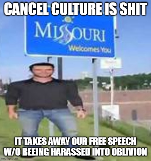 i am in misery | CANCEL CULTURE IS SHIT; IT TAKES AWAY OUR FREE SPEECH W/O BEEING HARASSED INTO OBLIVION | image tagged in i am in misery | made w/ Imgflip meme maker