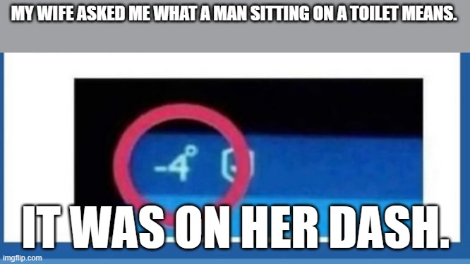 meme by Brad man on toilet on dashboard | MY WIFE ASKED ME WHAT A MAN SITTING ON A TOILET MEANS. IT WAS ON HER DASH. | image tagged in auto | made w/ Imgflip meme maker