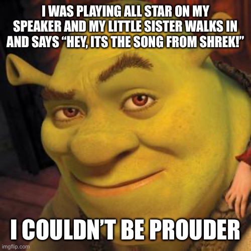 somebody once told me | I WAS PLAYING ALL STAR ON MY SPEAKER AND MY LITTLE SISTER WALKS IN AND SAYS “HEY, ITS THE SONG FROM SHREK!”; I COULDN’T BE PROUDER | image tagged in shrek sexy face | made w/ Imgflip meme maker