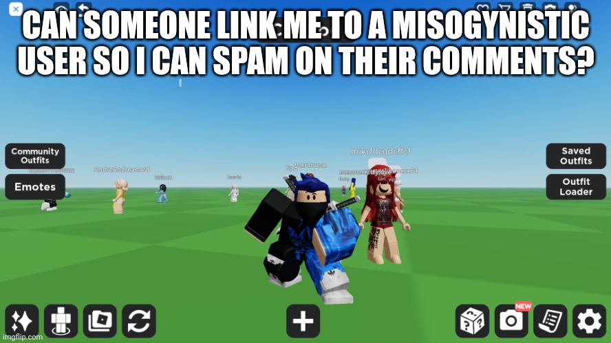 Zero the robloxian | CAN SOMEONE LINK ME TO A MISOGYNISTIC USER SO I CAN SPAM ON THEIR COMMENTS? | image tagged in zero the robloxian | made w/ Imgflip meme maker