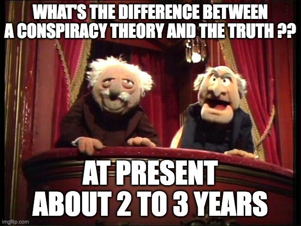 conspiracy theory and truth | WHAT'S THE DIFFERENCE BETWEEN A CONSPIRACY THEORY AND THE TRUTH ?? AT PRESENT ABOUT 2 TO 3 YEARS | image tagged in muppets | made w/ Imgflip meme maker