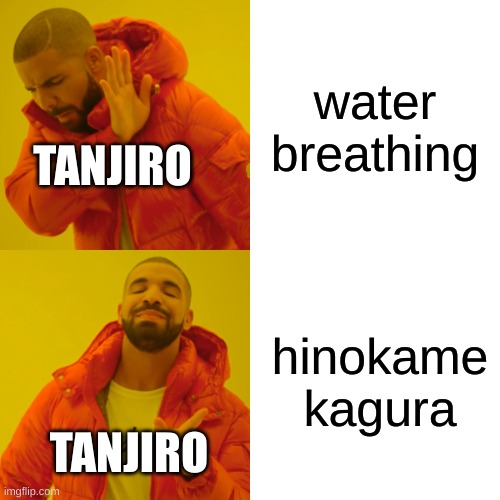 Drake Hotline Bling Meme | water breathing; TANJIRO; hinokame kagura; TANJIRO | image tagged in memes,drake hotline bling | made w/ Imgflip meme maker