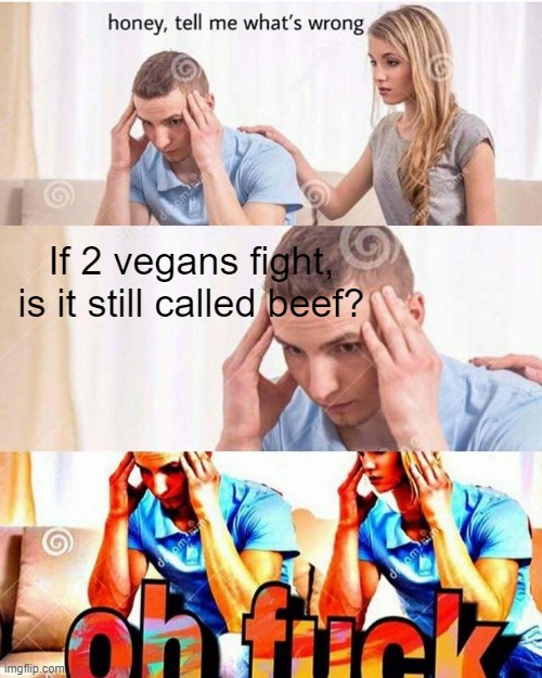 Would it? | If 2 vegans fight, is it still called beef? | image tagged in honey tell me what's wrong | made w/ Imgflip meme maker