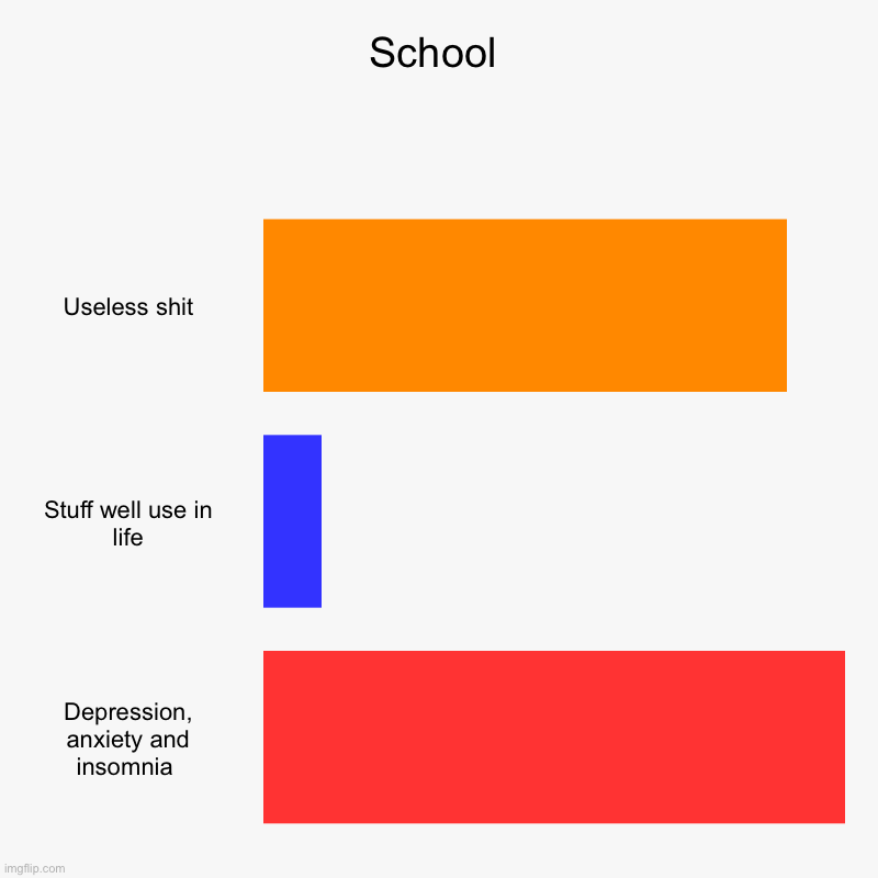 The meme | School | Useless shit, Stuff well use in life, Depression, anxiety and insomnia | image tagged in charts,bar charts | made w/ Imgflip chart maker