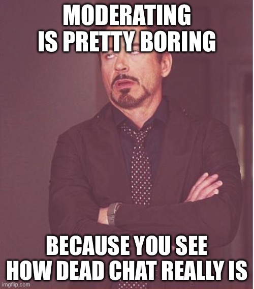 Gotta wait till california come online | MODERATING IS PRETTY BORING; BECAUSE YOU SEE HOW DEAD CHAT REALLY IS | image tagged in memes,face you make robert downey jr | made w/ Imgflip meme maker