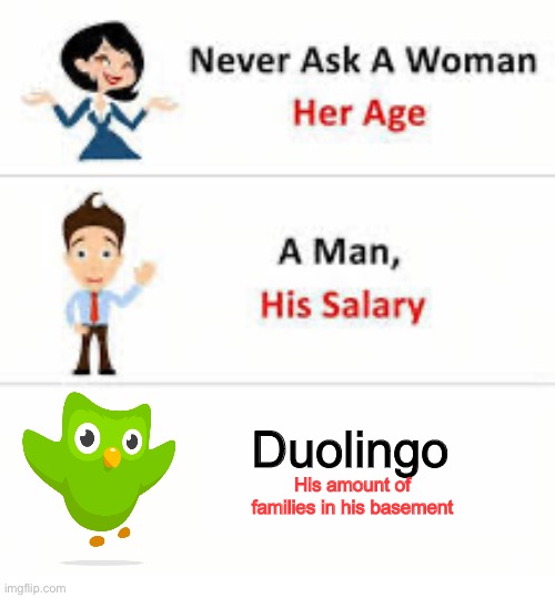 random meme | Duolingo; His amount of families in his basement | image tagged in never ask a woman her age,duolingo | made w/ Imgflip meme maker