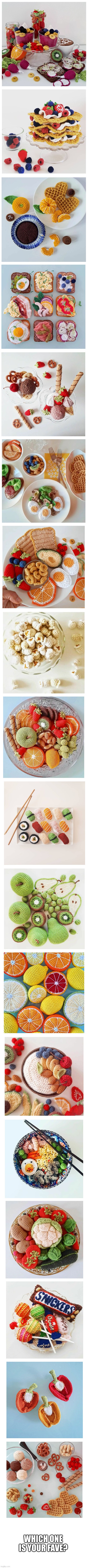 BEAUTIFUL CROCHETED FOOD! (Made by an artist in Finland named Maria) | WHICH ONE IS YOUR FAVE? | image tagged in beautiful,food,fruit,ramen,meat,stuff | made w/ Imgflip meme maker