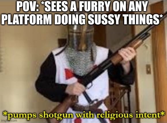 loads shotgun with religious intent | POV: *SEES A FURRY ON ANY PLATFORM DOING SUSSY THINGS* | image tagged in loads shotgun with religious intent | made w/ Imgflip meme maker