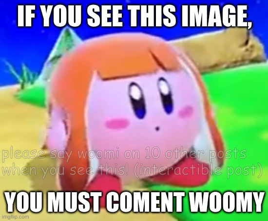 IF YOU SEE THIS IMAGE YOU MUST COMMENT WOOMY (interactible!) | IF YOU SEE THIS IMAGE, please say woomi on 10 other posts when you see this! (interactible post); YOU MUST COMENT WOOMY | image tagged in inkling kirby | made w/ Imgflip meme maker