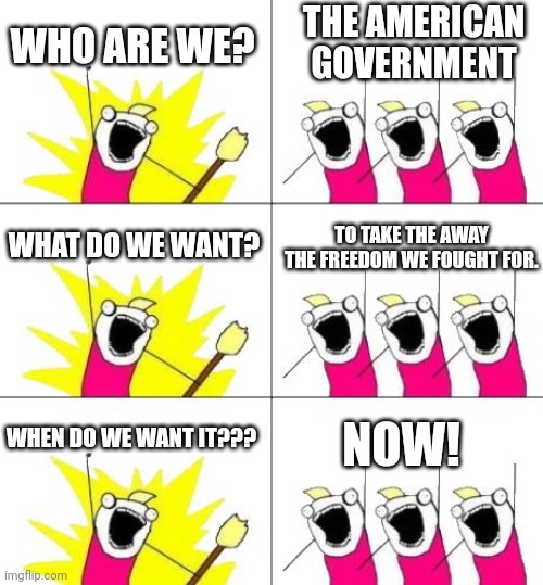 What Do We Want 3 | THE AMERICAN GOVERNMENT; WHO ARE WE? WHAT DO WE WANT? TO TAKE THE AWAY THE FREEDOM WE FOUGHT FOR. WHEN DO WE WANT IT??? NOW! | image tagged in memes,what do we want 3 | made w/ Imgflip meme maker