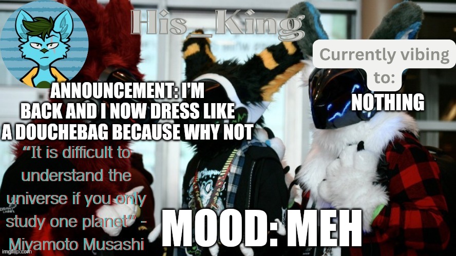 yeah while i was gone i got a new style sooooo | ANNOUNCEMENT: I'M BACK AND I NOW DRESS LIKE A DOUCHEBAG BECAUSE WHY NOT; NOTHING; MOOD: MEH | image tagged in his_kings template credit to we_came_as_protogens | made w/ Imgflip meme maker