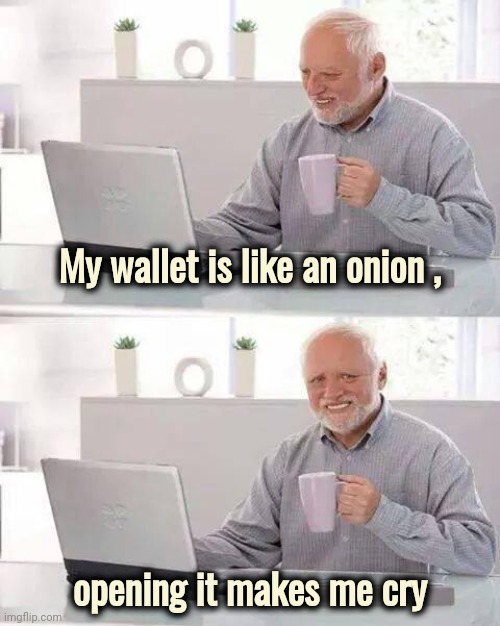 All my Funds are tied up in currency | My wallet is like an onion , opening it makes me cry | image tagged in memes,hide the pain harold,broke,in terms of money,nothing to see here | made w/ Imgflip meme maker