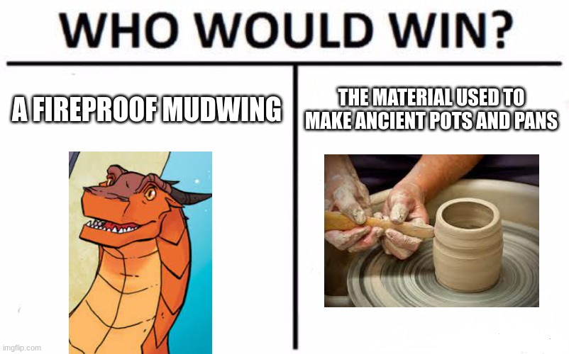 Who Would Win? | A FIREPROOF MUDWING; THE MATERIAL USED TO MAKE ANCIENT POTS AND PANS | image tagged in memes,who would win | made w/ Imgflip meme maker