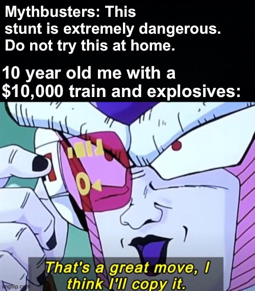 What do they think I'm gonna do? | Mythbusters: This stunt is extremely dangerous. Do not try this at home. 10 year old me with a $10,000 train and explosives: | image tagged in memes,unfunny | made w/ Imgflip meme maker
