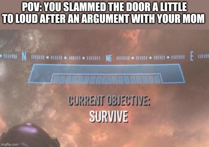 Current Objective: Survive | POV: YOU SLAMMED THE DOOR A LITTLE TO LOUD AFTER AN ARGUMENT WITH YOUR MOM | image tagged in current objective survive | made w/ Imgflip meme maker