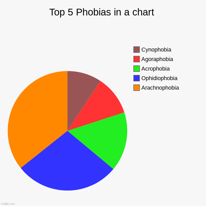 Top 5 Phobias in a chart | Arachnophobia, Ophidiophobia, Acrophobia, Agoraphobia, Cynophobia | image tagged in charts,pie charts | made w/ Imgflip chart maker