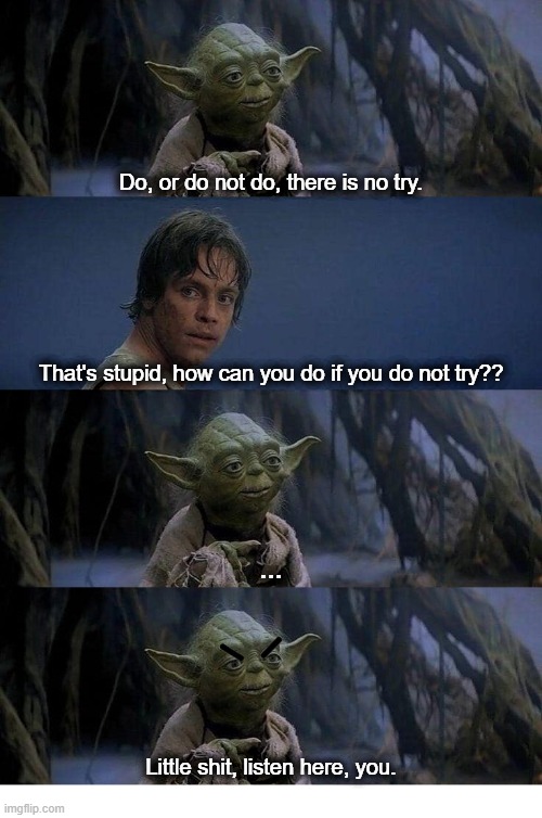Star Wars How Can You Do If You Do Not Try? | Do, or do not do, there is no try. That's stupid, how can you do if you do not try?? ... Little shit, listen here, you. | image tagged in star wars,yoda,luke skywalker | made w/ Imgflip meme maker