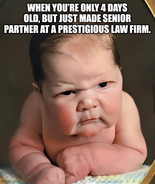 law firm | WHEN YOU’RE ONLY 4 DAYS OLD, BUT JUST MADE SENIOR PARTNER AT A PRESTIGIOUS LAW FIRM. | image tagged in durl earl | made w/ Imgflip meme maker