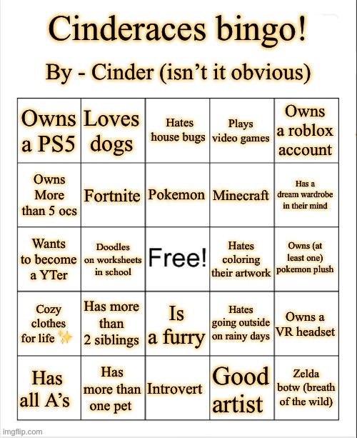 I made a bingo now as well! (Full credit of this idea goes to void) | image tagged in cinders bingo | made w/ Imgflip meme maker