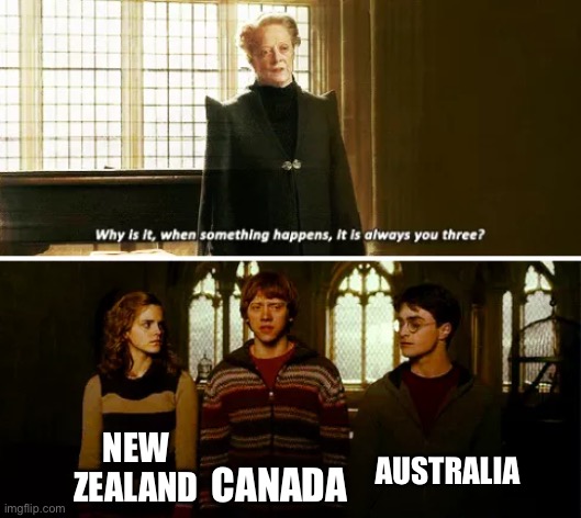 The United Nations of weirdness | AUSTRALIA; NEW ZEALAND; CANADA | image tagged in always you three,australia,canada,new zealand,meanwhile in canada,meanwhile in australia | made w/ Imgflip meme maker