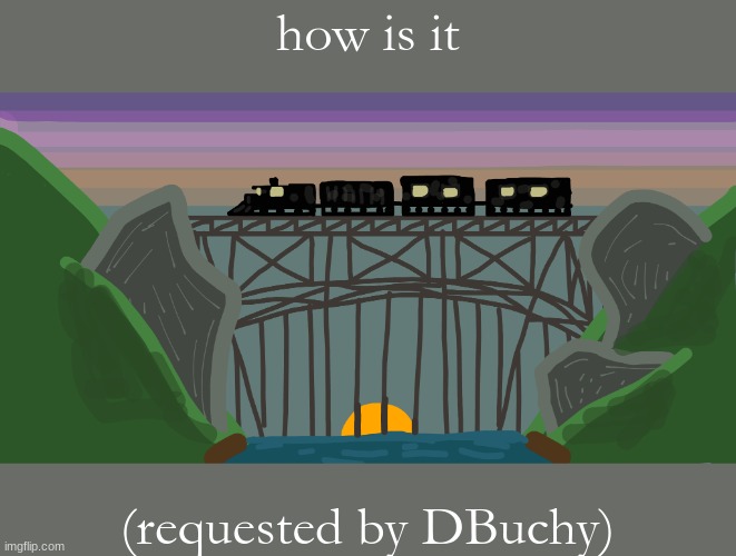 Thanks to DBuchy for requesting, love how it looks! | how is it; (requested by DBuchy) | image tagged in train tracks in the sunset | made w/ Imgflip meme maker