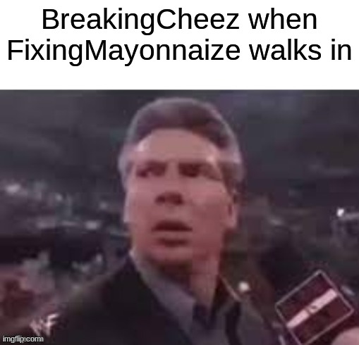 x when x walks in | BreakingCheez when FixingMayonnaize walks in | image tagged in x when x walks in | made w/ Imgflip meme maker