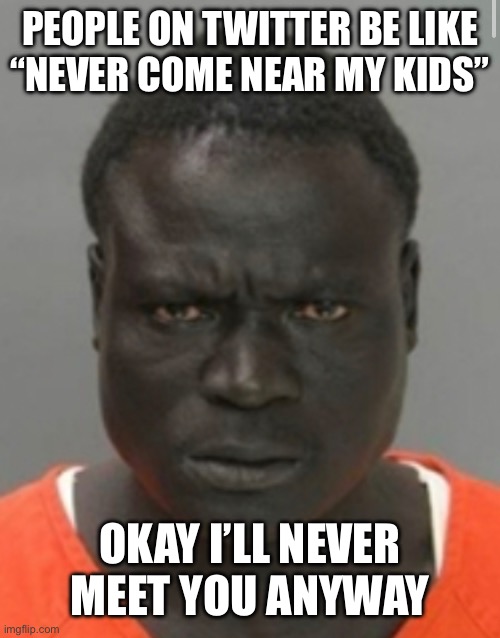 PEOPLE ON TWITTER BE LIKE
“NEVER COME NEAR MY KIDS”; OKAY I’LL NEVER
MEET YOU ANYWAY | made w/ Imgflip meme maker