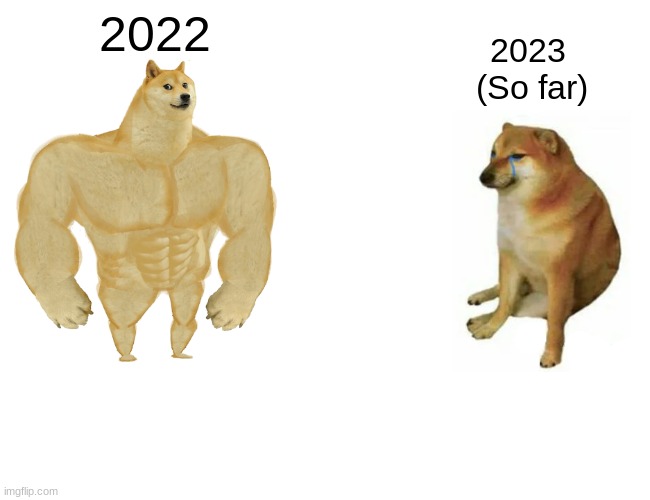 2023 Is gonna suck | 2022; 2023 
(So far) | image tagged in memes,buff doge vs cheems,2022,2023 sucks | made w/ Imgflip meme maker