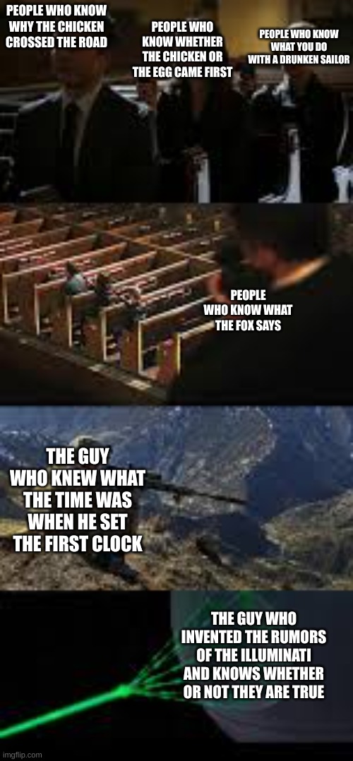 ehehee | PEOPLE WHO KNOW WHY THE CHICKEN CROSSED THE ROAD; PEOPLE WHO KNOW WHETHER THE CHICKEN OR THE EGG CAME FIRST; PEOPLE WHO KNOW WHAT YOU DO WITH A DRUNKEN SAILOR; PEOPLE WHO KNOW WHAT THE FOX SAYS; THE GUY WHO KNEW WHAT THE TIME WAS WHEN HE SET THE FIRST CLOCK; THE GUY WHO INVENTED THE RUMORS OF THE ILLUMINATI AND KNOWS WHETHER OR NOT THEY ARE TRUE | image tagged in assassination chain esxtednd | made w/ Imgflip meme maker