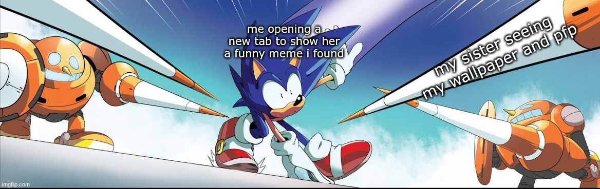 no, it's nothing bad, she just thinks i have a crush on shadow so she goes "oOoOOOooOO" when i mention him ONCE | me opening a new tab to show her a funny meme i found; my sister seeing my wallpaper and pfp | image tagged in cannons sonic | made w/ Imgflip meme maker