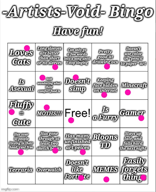 Artists void bingo!! | image tagged in artists void bingo | made w/ Imgflip meme maker