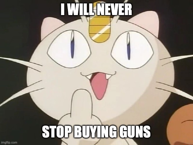 Meowth admits that he'll never stop buying guns | I WILL NEVER; STOP BUYING GUNS | image tagged in meowth middle claw,meowth,guns,series,continues | made w/ Imgflip meme maker