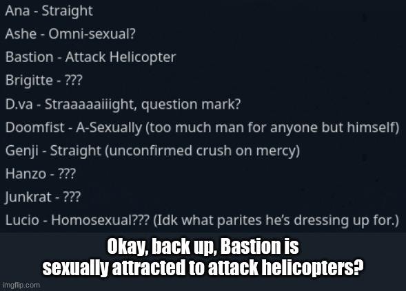 Okay, back up, Bastion is sexually attracted to attack helicopters? | made w/ Imgflip meme maker