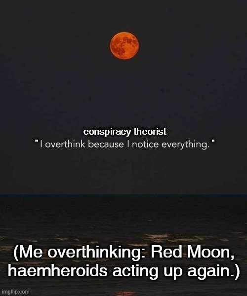 blood moon conspiracist | conspiracy theorist
"                                                               "; (Me overthinking: Red Moon, haemheroids acting up again.) | image tagged in conspiracy theory | made w/ Imgflip meme maker