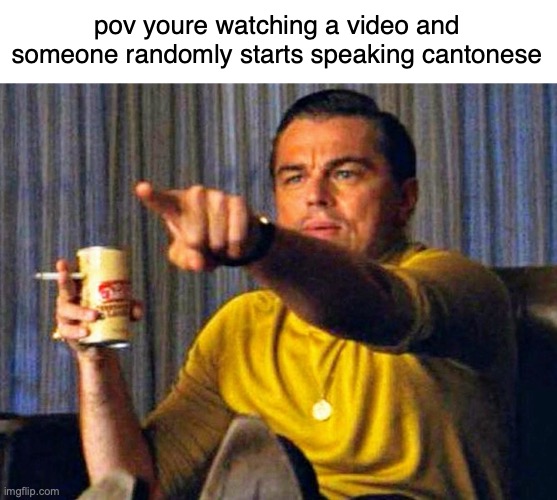 omg | pov youre watching a video and someone randomly starts speaking cantonese | image tagged in leonardo dicaprio pointing at tv | made w/ Imgflip meme maker